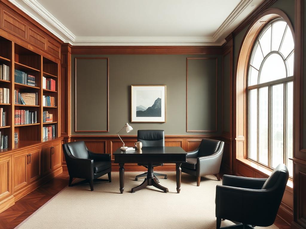 An elegant private advisory office with bookshelves and leather armchairs
