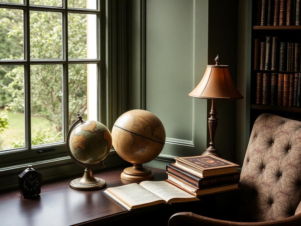 A refined study corner with a vintage globe, leather-bound books, and a garden view