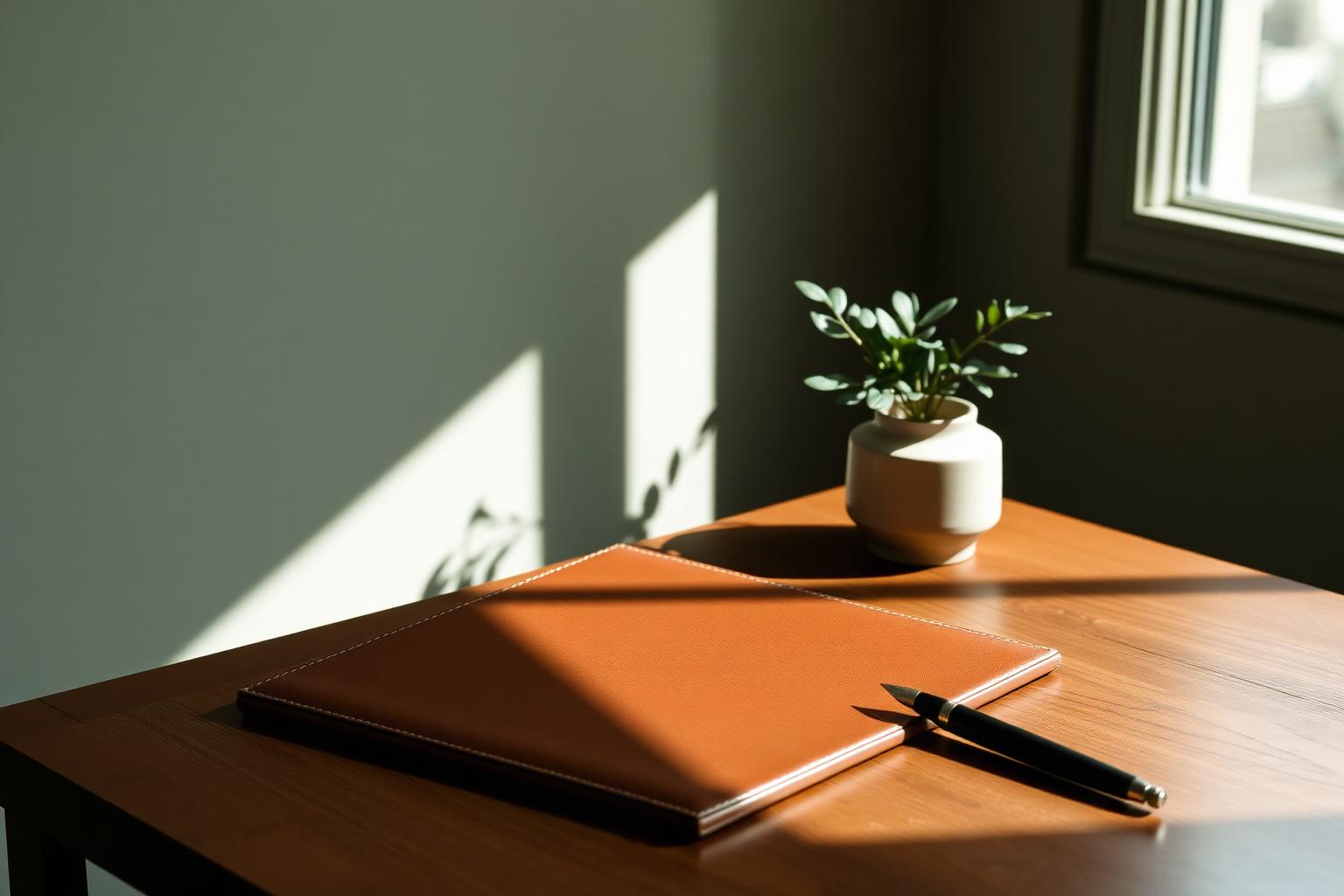 A refined desk with a leather portfolio, fountain pen, and soft natural light