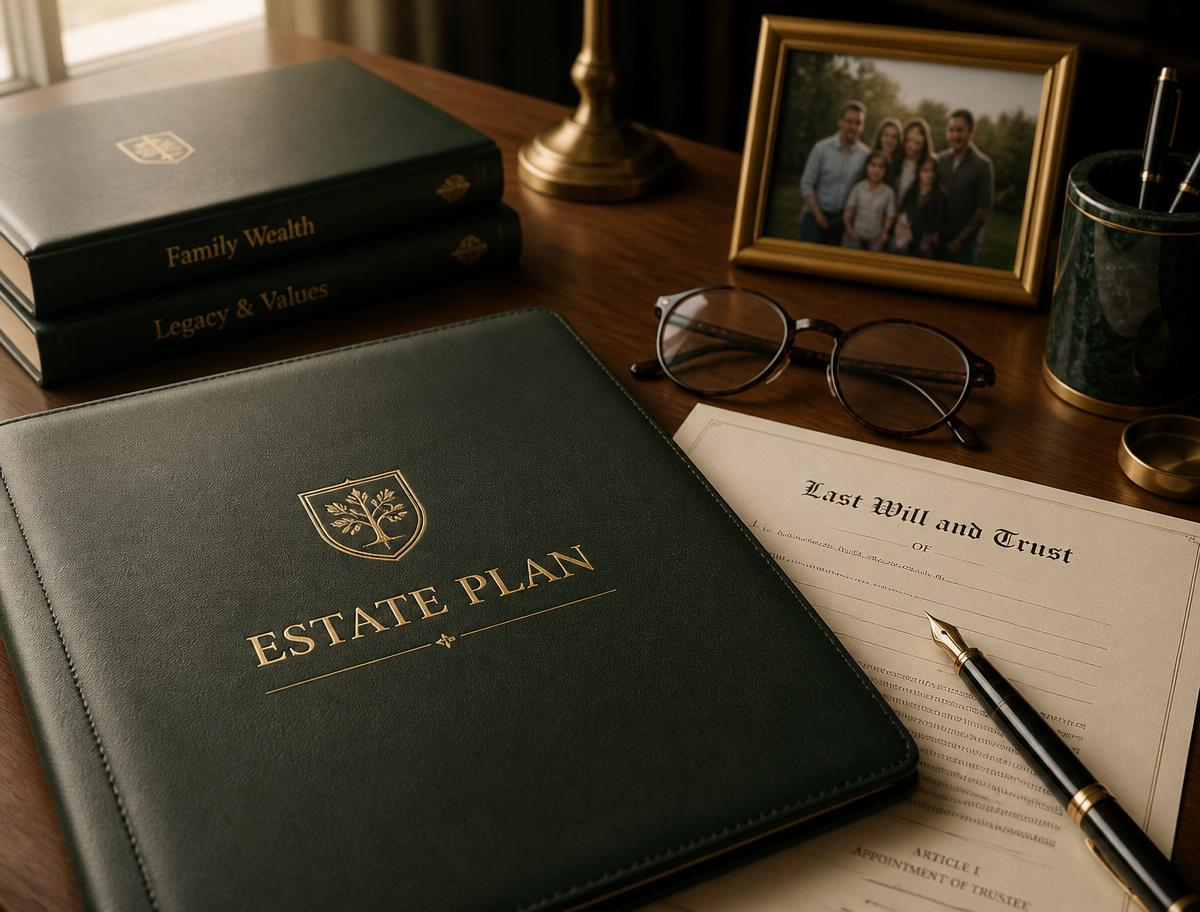 An elegant estate plan folder with a last will and trust document
