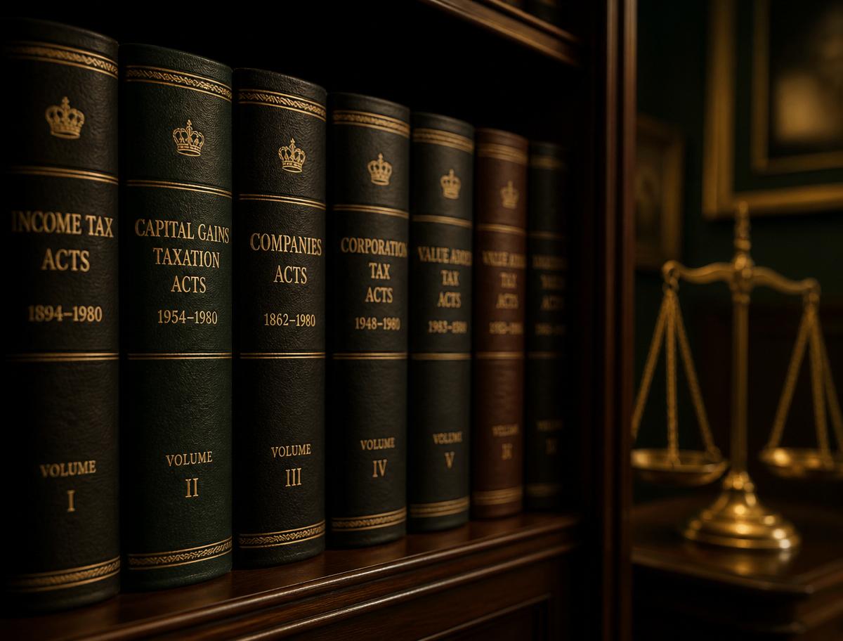 Antique leather-bound volumes of tax legislation beside a brass scale of justice