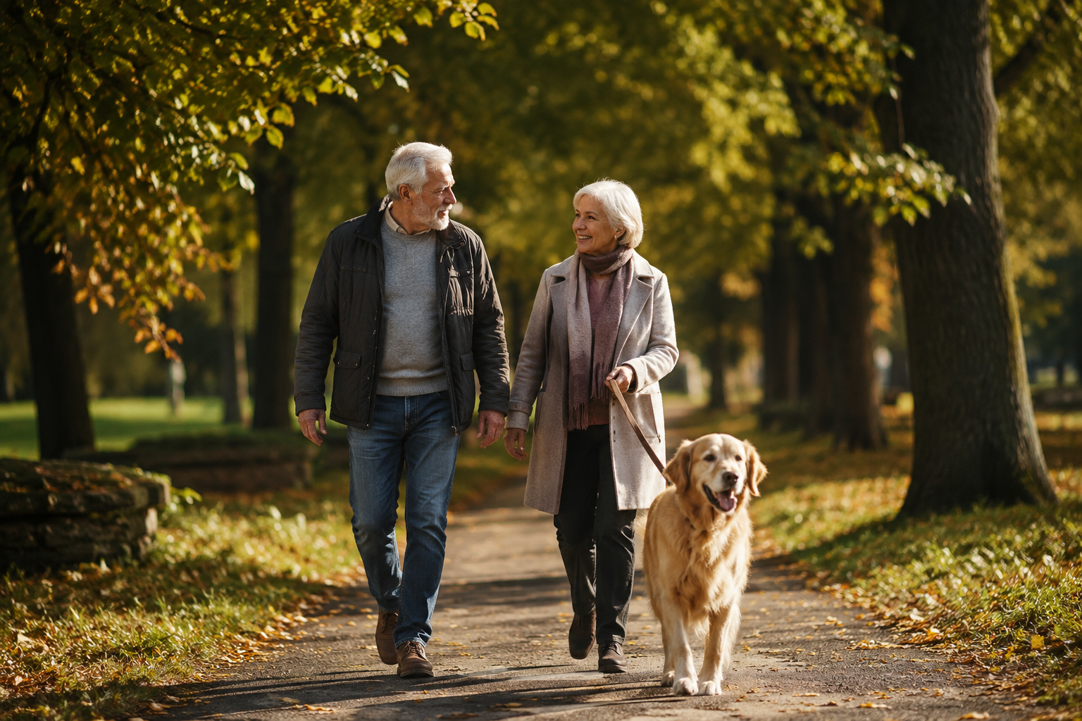An active retired couple walking their dog along a tree-lined autumn path