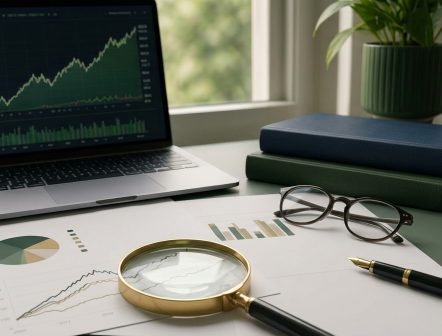 A magnifying glass reviewing an investment portfolio performance report